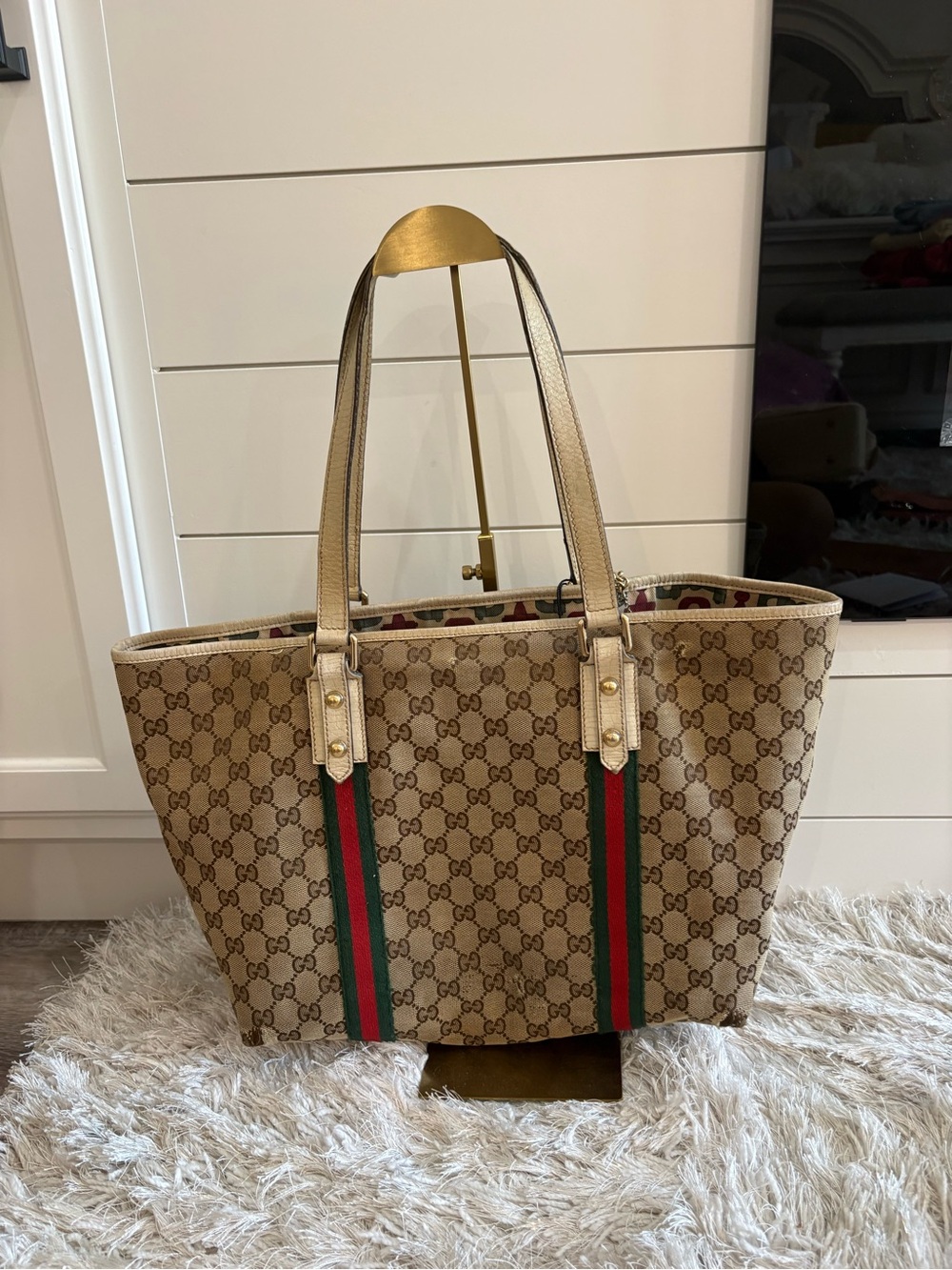 Gucci Beige GG Canvas Tote with Red and Green Stripes